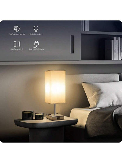 Bedside Lamp With USB Ports - Touch Control Table Lamp For Bedroom With USB C+A Charging Ports & AC Outlets, 3 Way Dimmable Nightstand Light For Living Room (LED Bulb Included, Chrome - White)