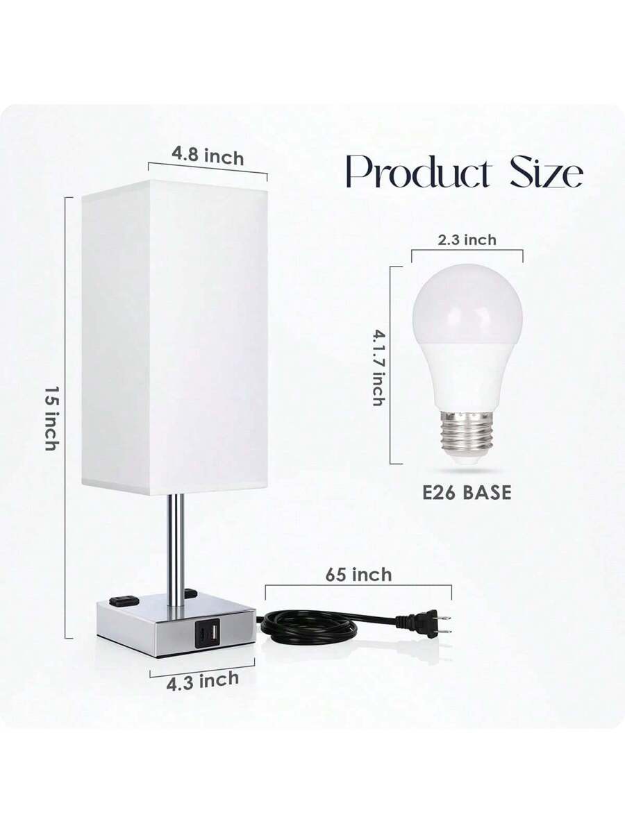 Bedside Lamp With USB Ports - Touch Control Table Lamp For Bedroom With USB C+A Charging Ports & AC Outlets, 3 Way Dimmable Nightstand Light For Living Room (LED Bulb Included, Chrome - White)
