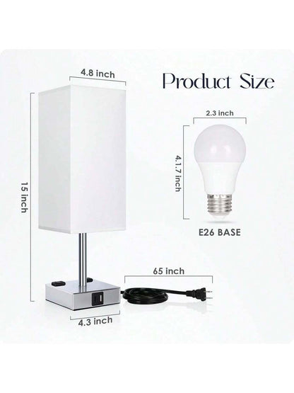 Bedside Lamp With USB Ports - Touch Control Table Lamp For Bedroom With USB C+A Charging Ports & AC Outlets, 3 Way Dimmable Nightstand Light For Living Room (LED Bulb Included, Chrome - White)