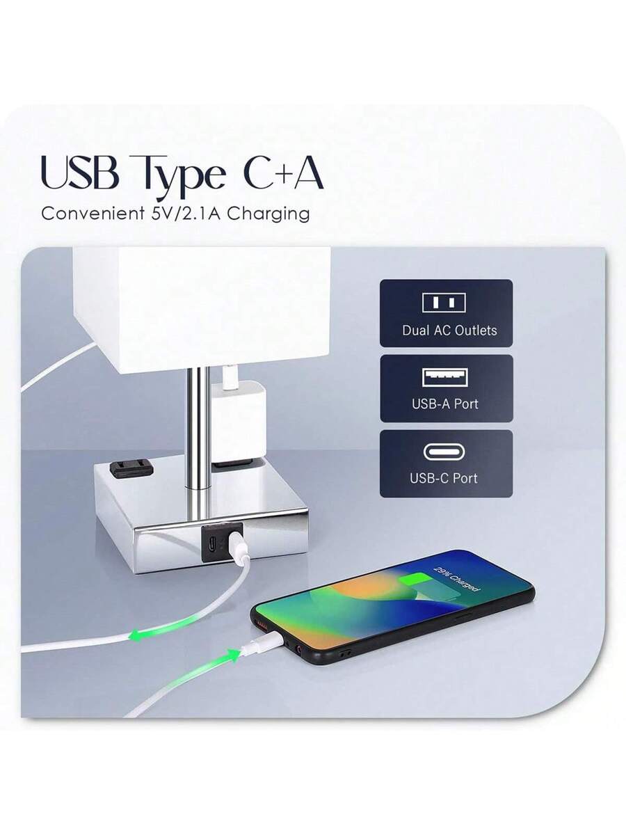 Bedside Lamp With USB Ports - Touch Control Table Lamp For Bedroom With USB C+A Charging Ports & AC Outlets, 3 Way Dimmable Nightstand Light For Living Room (LED Bulb Included, Chrome - White)