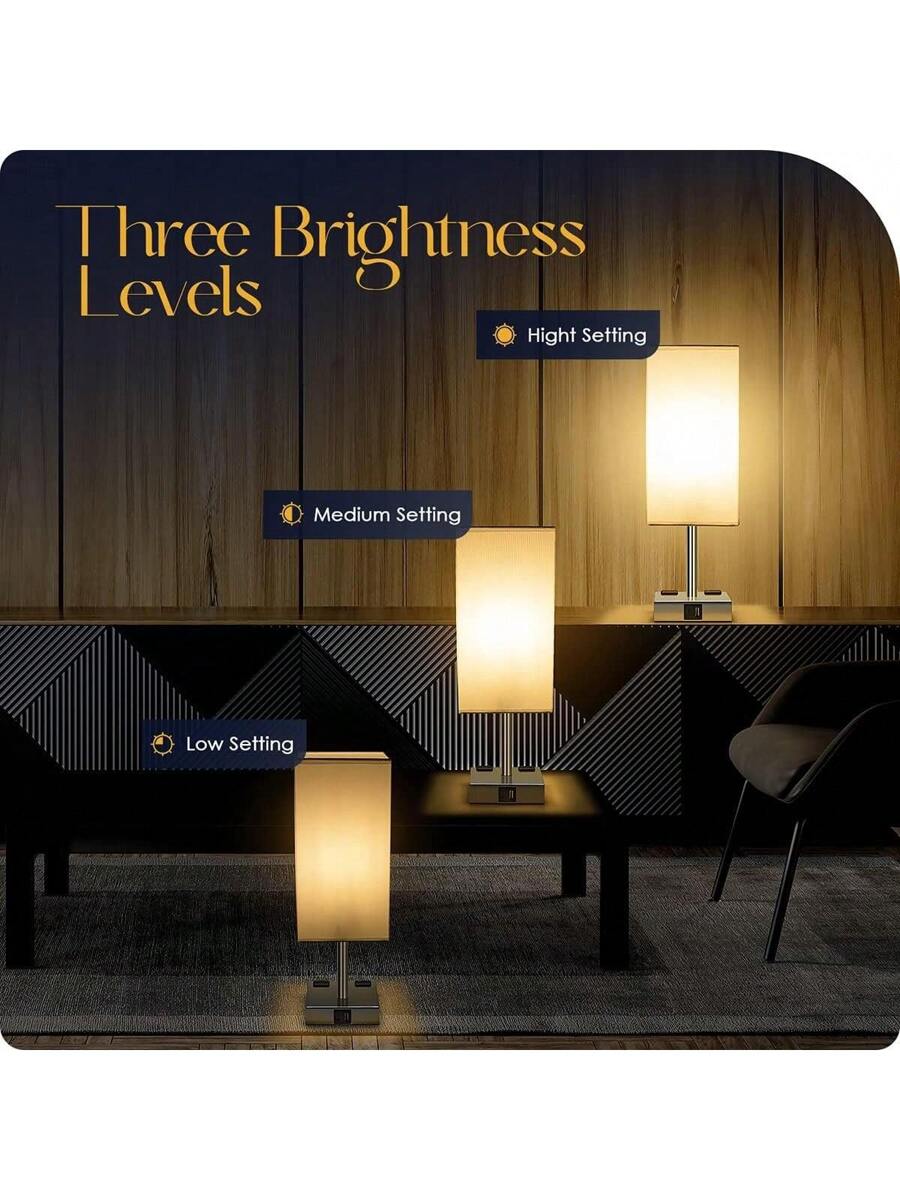 Bedside Lamp With USB Ports - Touch Control Table Lamp For Bedroom With USB C+A Charging Ports & AC Outlets, 3 Way Dimmable Nightstand Light For Living Room (LED Bulb Included, Chrome - White)