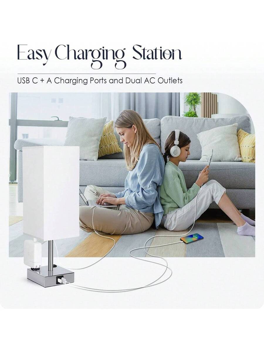 Bedside Lamp With USB Ports - Touch Control Table Lamp For Bedroom With USB C+A Charging Ports & AC Outlets, 3 Way Dimmable Nightstand Light For Living Room (LED Bulb Included, Chrome - White)