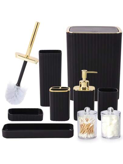 9-Piece Set Of Gold Bathroom Accessories, Pink Bathroom Accessory Set, Equipped With Toothbrush Holder, Mouthwash Cup, Soap Dispensing Bottle, Tray, Soap Box, Press Open Trash Can, Toilet Brush Home Bathroom Decor Bathroom Accessories