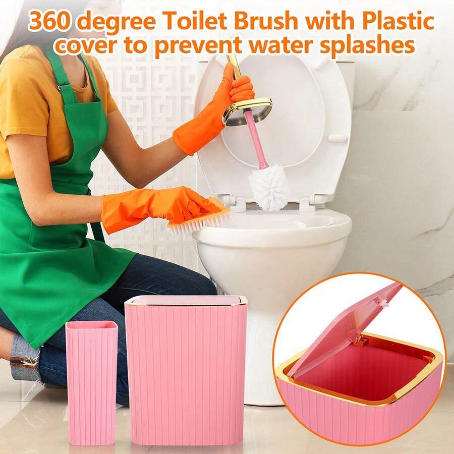 9-Piece Set Of Gold Bathroom Accessories, Pink Bathroom Accessory Set, Equipped With Toothbrush Holder, Mouthwash Cup, Soap Dispensing Bottle, Tray, Soap Box, Press Open Trash Can, Toilet Brush Home Bathroom Decor Bathroom Accessories