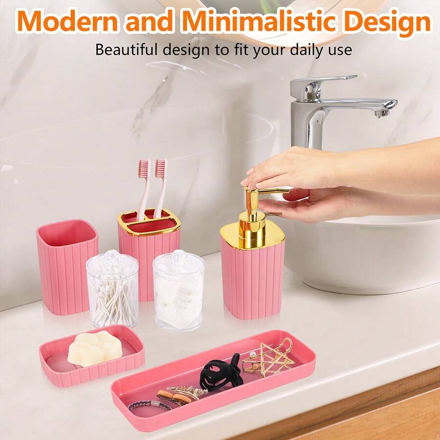 9-Piece Set Of Gold Bathroom Accessories, Pink Bathroom Accessory Set, Equipped With Toothbrush Holder, Mouthwash Cup, Soap Dispensing Bottle, Tray, Soap Box, Press Open Trash Can, Toilet Brush Home Bathroom Decor Bathroom Accessories