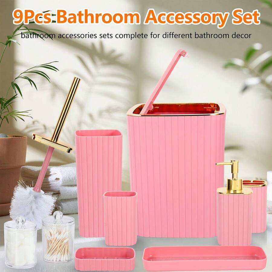 9-Piece Set Of Gold Bathroom Accessories, Pink Bathroom Accessory Set, Equipped With Toothbrush Holder, Mouthwash Cup, Soap Dispensing Bottle, Tray, Soap Box, Press Open Trash Can, Toilet Brush Home Bathroom Decor Bathroom Accessories