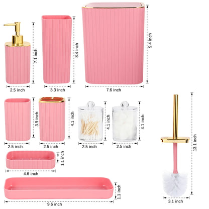 9-Piece Set Of Gold Bathroom Accessories, Pink Bathroom Accessory Set, Equipped With Toothbrush Holder, Mouthwash Cup, Soap Dispensing Bottle, Tray, Soap Box, Press Open Trash Can, Toilet Brush Home Bathroom Decor Bathroom Accessories