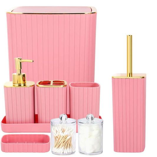 9-Piece Set Of Gold Bathroom Accessories, Pink Bathroom Accessory Set, Equipped With Toothbrush Holder, Mouthwash Cup, Soap Dispensing Bottle, Tray, Soap Box, Press Open Trash Can, Toilet Brush Home Bathroom Decor Bathroom Accessories
