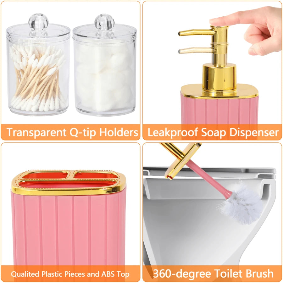 9-Piece Set Of Gold Bathroom Accessories, Pink Bathroom Accessory Set, Equipped With Toothbrush Holder, Mouthwash Cup, Soap Dispensing Bottle, Tray, Soap Box, Press Open Trash Can, Toilet Brush Home Bathroom Decor Bathroom Accessories