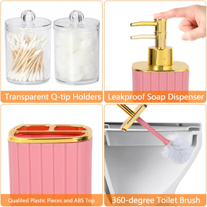 9-Piece Set Of Gold Bathroom Accessories, Pink Bathroom Accessory Set, Equipped With Toothbrush Holder, Mouthwash Cup, Soap Dispensing Bottle, Tray, Soap Box, Press Open Trash Can, Toilet Brush Home Bathroom Decor Bathroom Accessories