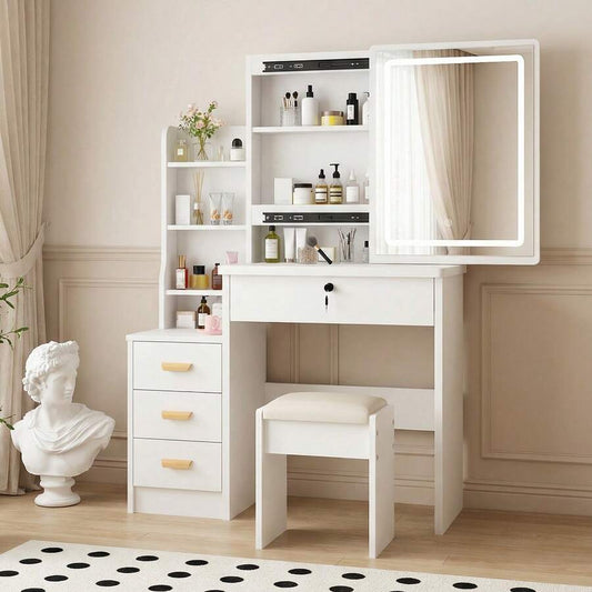 Vanity Desk With Mirror And Lights, 3 Lighting Modes, European Style Dressing Table With Drawers, With Open Storage Shelves,Makeup Vanity Table For Bedroom,Gifts For Girls And Women, White