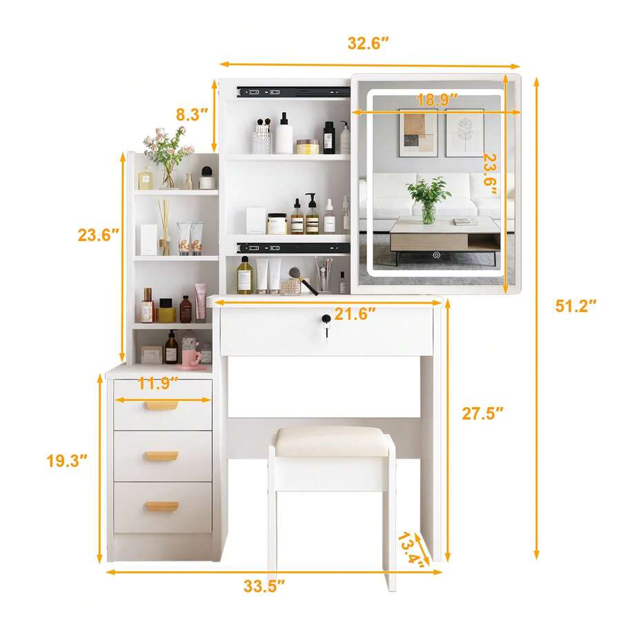 Vanity Desk With Mirror And Lights, 3 Lighting Modes, European Style Dressing Table With Drawers, With Open Storage Shelves,Makeup Vanity Table For Bedroom,Gifts For Girls And Women, White
