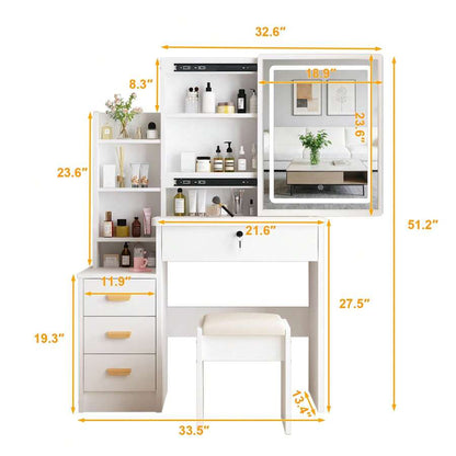 Vanity Desk With Mirror And Lights, 3 Lighting Modes, European Style Dressing Table With Drawers, With Open Storage Shelves,Makeup Vanity Table For Bedroom,Gifts For Girls And Women, White