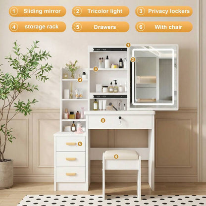 Vanity Desk With Mirror And Lights, 3 Lighting Modes, European Style Dressing Table With Drawers, With Open Storage Shelves,Makeup Vanity Table For Bedroom,Gifts For Girls And Women, White
