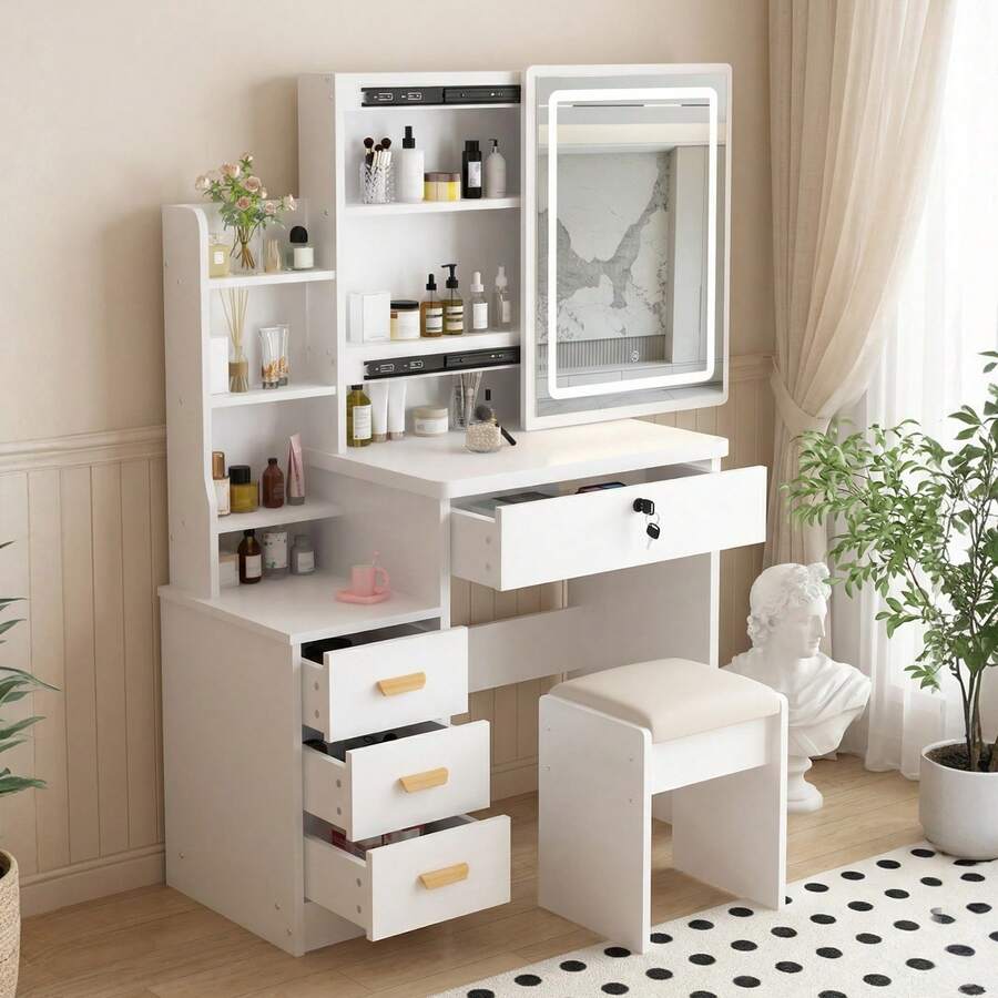 Vanity Desk With Mirror And Lights, 3 Lighting Modes, European Style Dressing Table With Drawers, With Open Storage Shelves,Makeup Vanity Table For Bedroom,Gifts For Girls And Women, White
