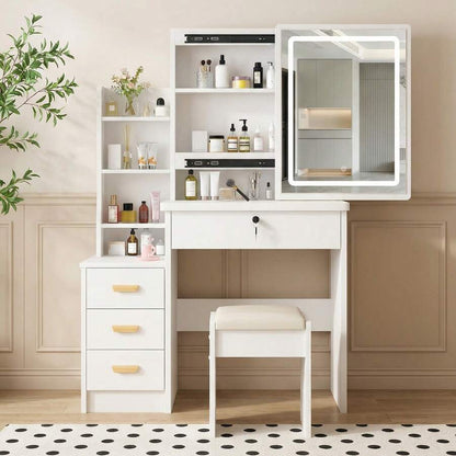 Vanity Desk With Mirror And Lights, 3 Lighting Modes, European Style Dressing Table With Drawers, With Open Storage Shelves,Makeup Vanity Table For Bedroom,Gifts For Girls And Women, White