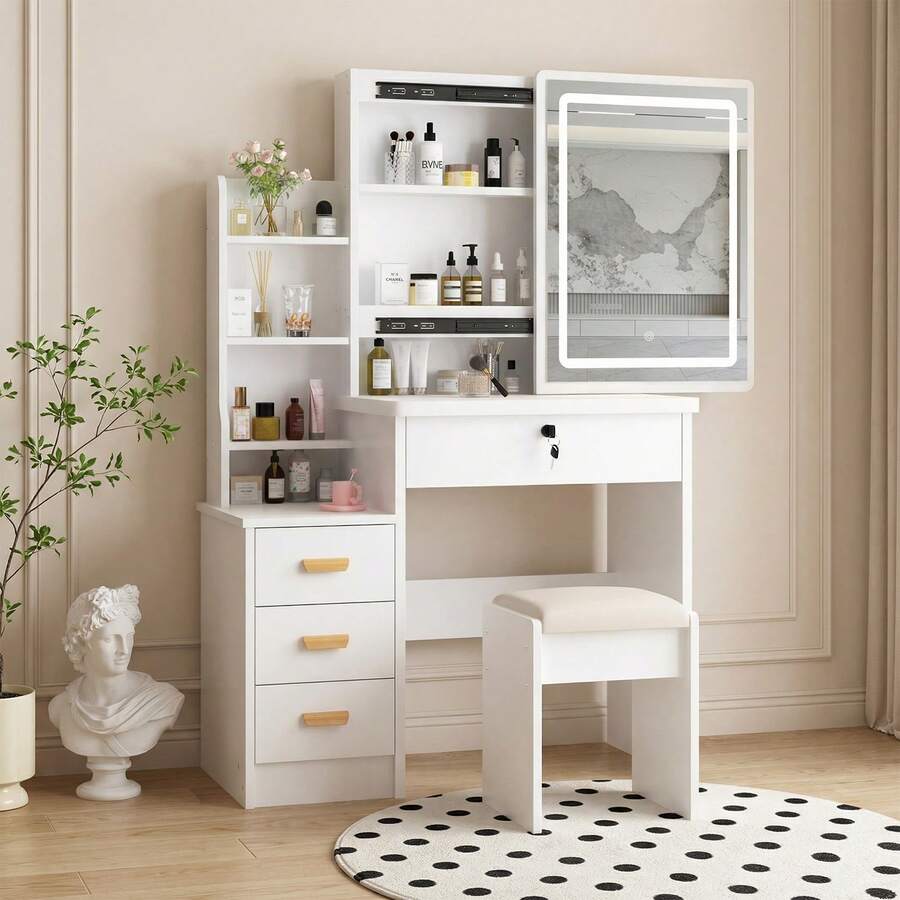 Vanity Desk With Mirror And Lights, 3 Lighting Modes, European Style Dressing Table With Drawers, With Open Storage Shelves,Makeup Vanity Table For Bedroom,Gifts For Girls And Women, White