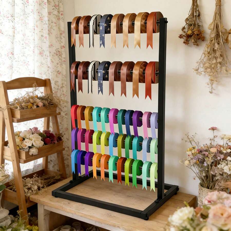 RustyVioum 5 Tier Freestanding Storage Rack, Multifunctional Organizer Shelf For Ribbon, Scarf, Towel, Craft Room, Gift Shop, Durable Black Iron Floor Standing Display Rack