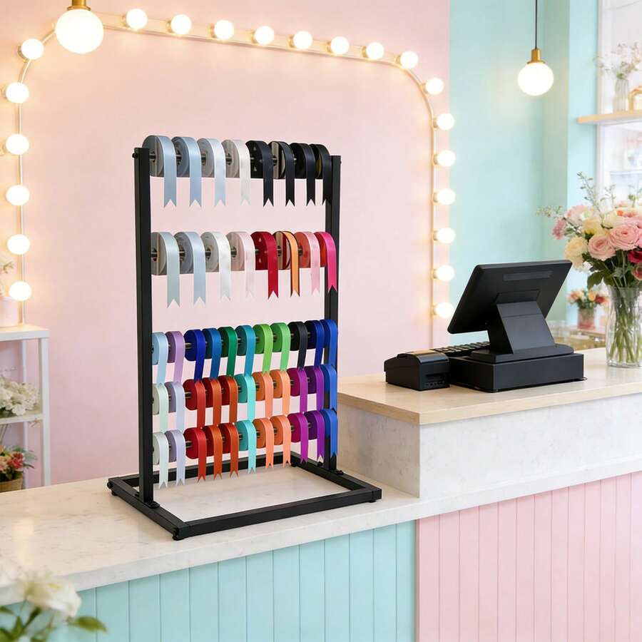 RustyVioum 5 Tier Freestanding Storage Rack, Multifunctional Organizer Shelf For Ribbon, Scarf, Towel, Craft Room, Gift Shop, Durable Black Iron Floor Standing Display Rack