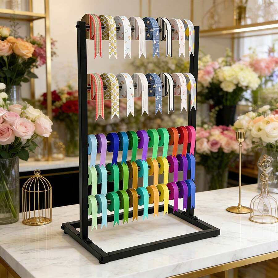 RustyVioum 5 Tier Freestanding Storage Rack, Multifunctional Organizer Shelf For Ribbon, Scarf, Towel, Craft Room, Gift Shop, Durable Black Iron Floor Standing Display Rack
