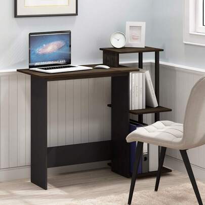 Furinno Compact 29-Inch Brown Computer Desk, Office Desk With 3 Side Shelves, Rectangular Home Office Desk, Gaming Desk For Home Office, Bedroom, Study Room, Dark Mocha