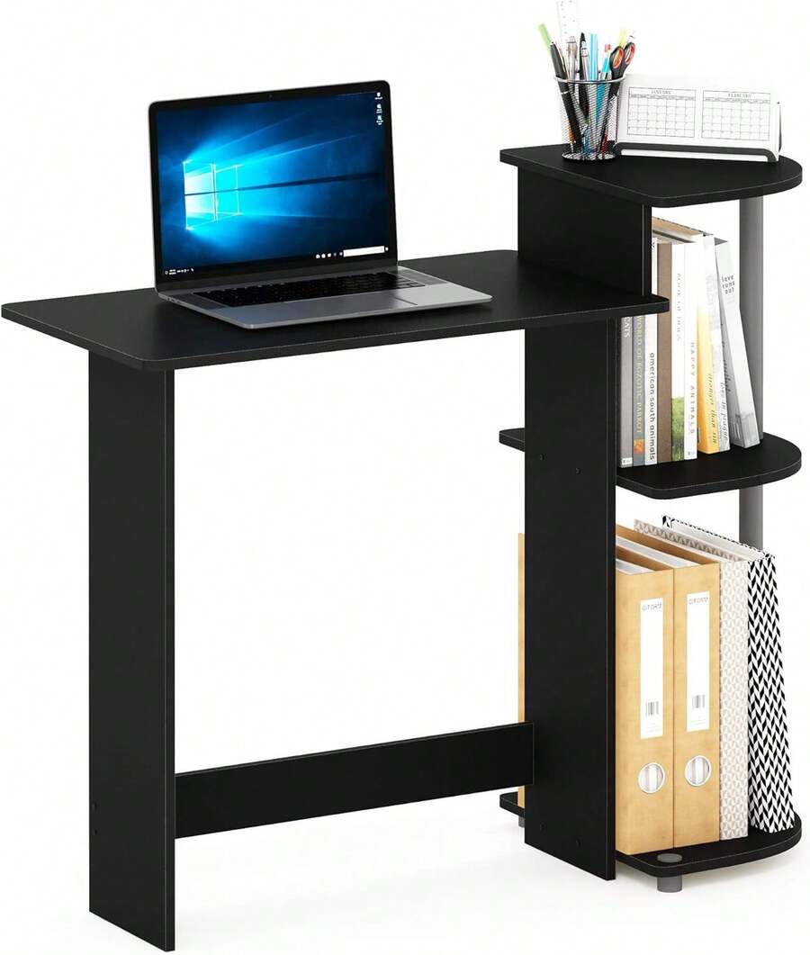 Furinno Compact 29-Inch Brown Computer Desk, Office Desk With 3 Side Shelves, Rectangular Home Office Desk, Gaming Desk For Home Office, Bedroom, Study Room, Dark Mocha