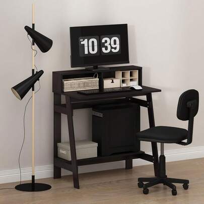 Furinno Compact 29-Inch Brown Computer Desk, Office Desk With 3 Side Shelves, Rectangular Home Office Desk, Gaming Desk For Home Office, Bedroom, Study Room, Dark Mocha
