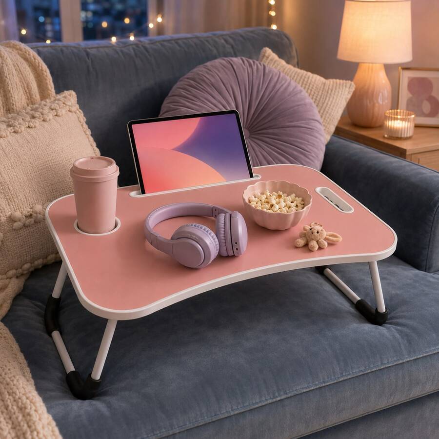 Laptop Bed Desk, Foldable Lap Desk Tray For Bed Sofa & Floor, Portable Folding Table With Tablet Holder & Cup Holder For Writing, Reading, Eating