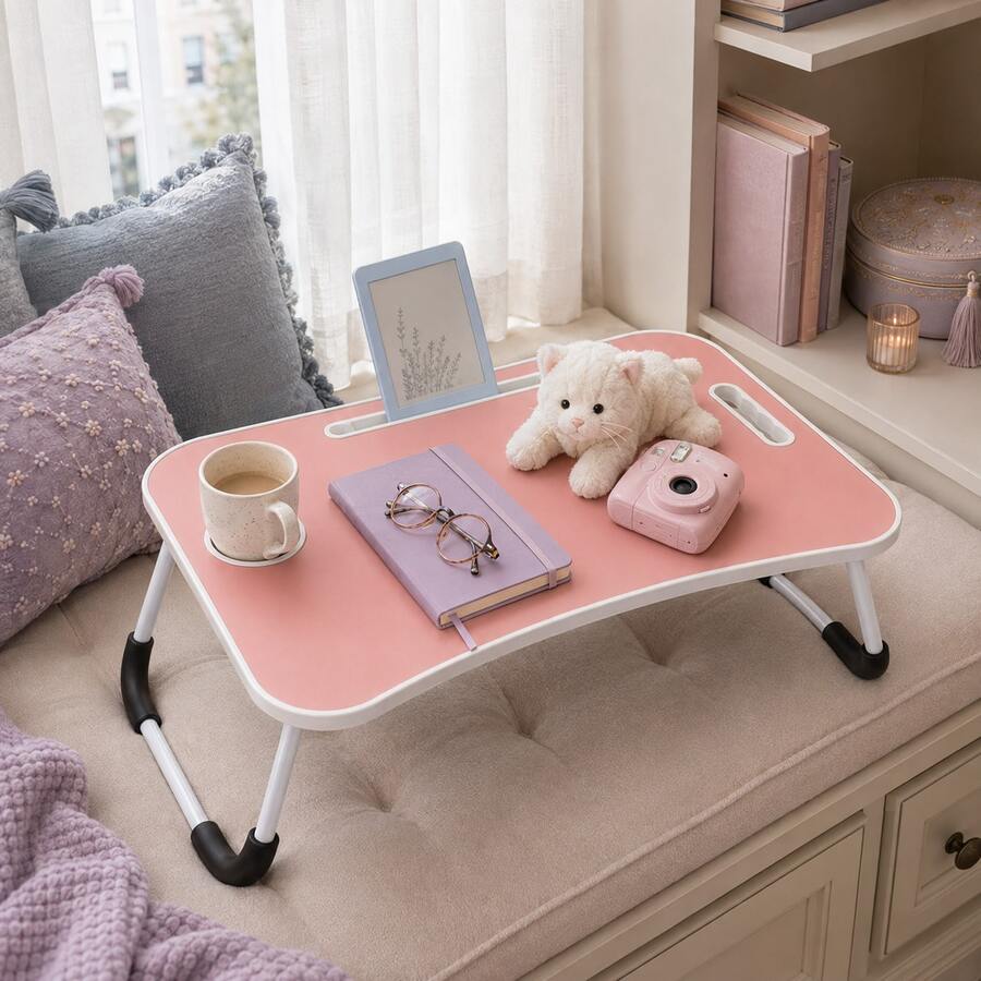 Laptop Bed Desk, Foldable Lap Desk Tray For Bed Sofa & Floor, Portable Folding Table With Tablet Holder & Cup Holder For Writing, Reading, Eating