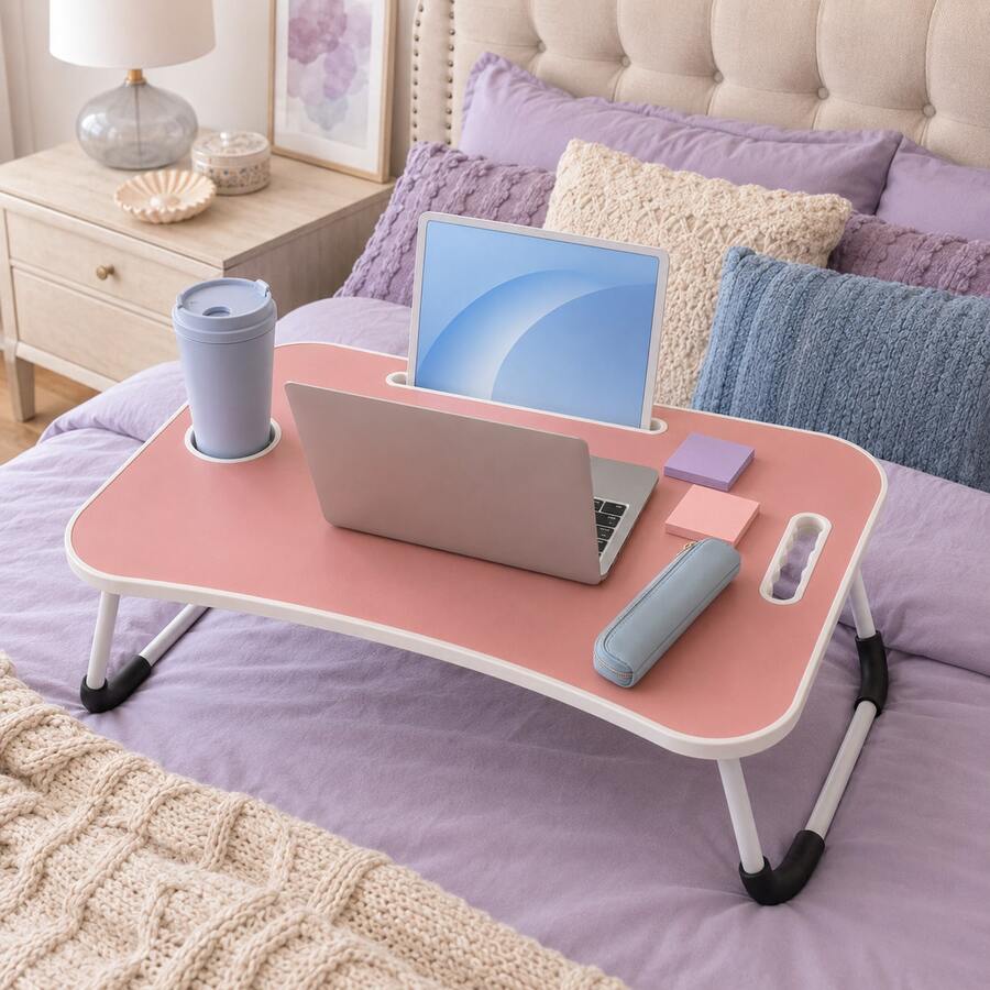 Laptop Bed Desk, Foldable Lap Desk Tray For Bed Sofa & Floor, Portable Folding Table With Tablet Holder & Cup Holder For Writing, Reading, Eating