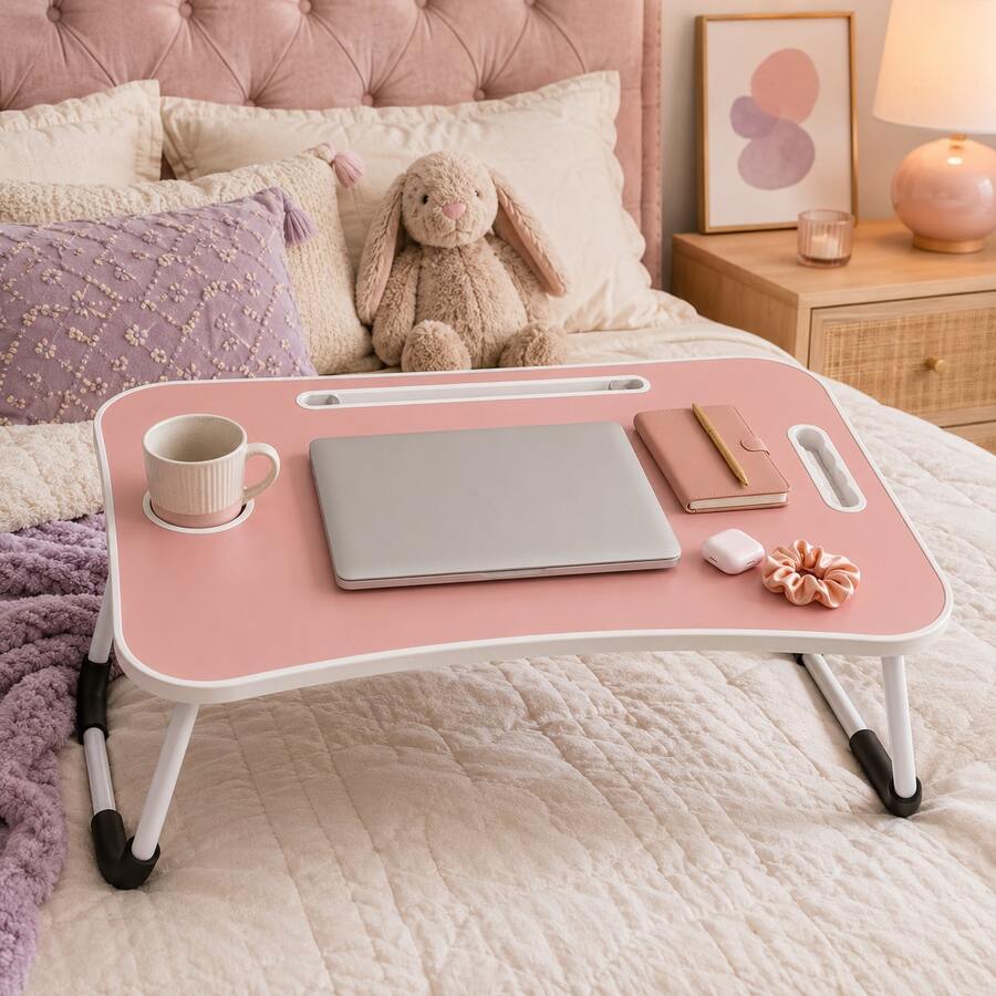 Laptop Bed Desk, Foldable Lap Desk Tray For Bed Sofa & Floor, Portable Folding Table With Tablet Holder & Cup Holder For Writing, Reading, Eating