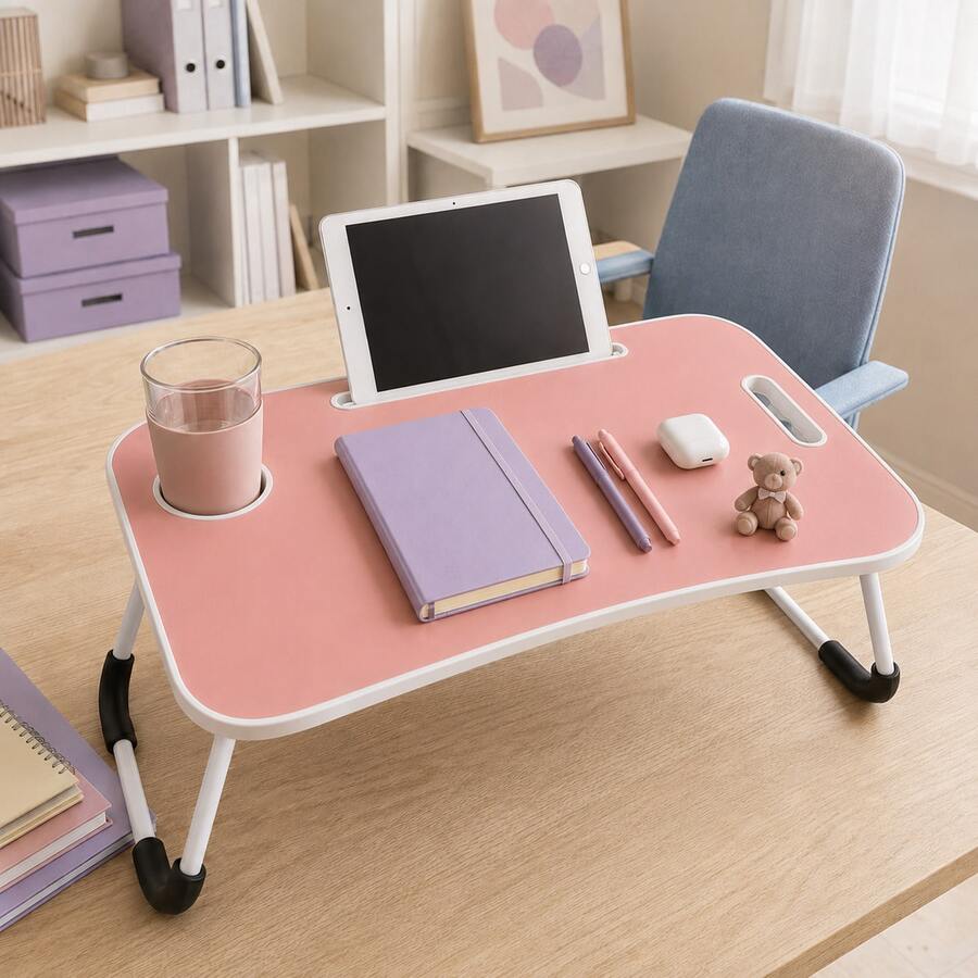Laptop Bed Desk, Foldable Lap Desk Tray For Bed Sofa & Floor, Portable Folding Table With Tablet Holder & Cup Holder For Writing, Reading, Eating