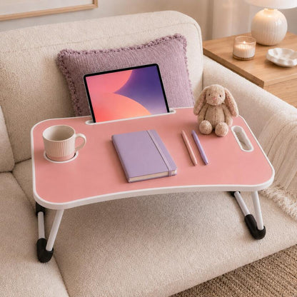 Laptop Bed Desk, Foldable Lap Desk Tray For Bed Sofa & Floor, Portable Folding Table With Tablet Holder & Cup Holder For Writing, Reading, Eating