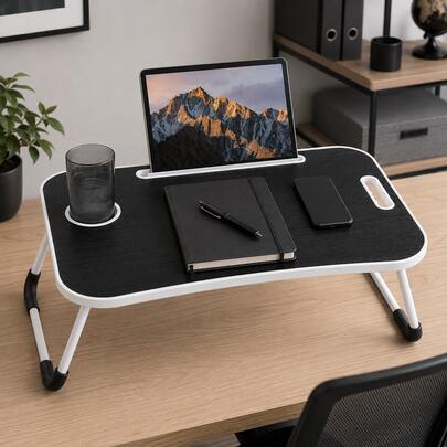 Laptop Bed Desk, Foldable Lap Desk Tray For Bed Sofa & Floor, Portable Folding Table With Tablet Holder & Cup Holder For Writing, Reading, Eating